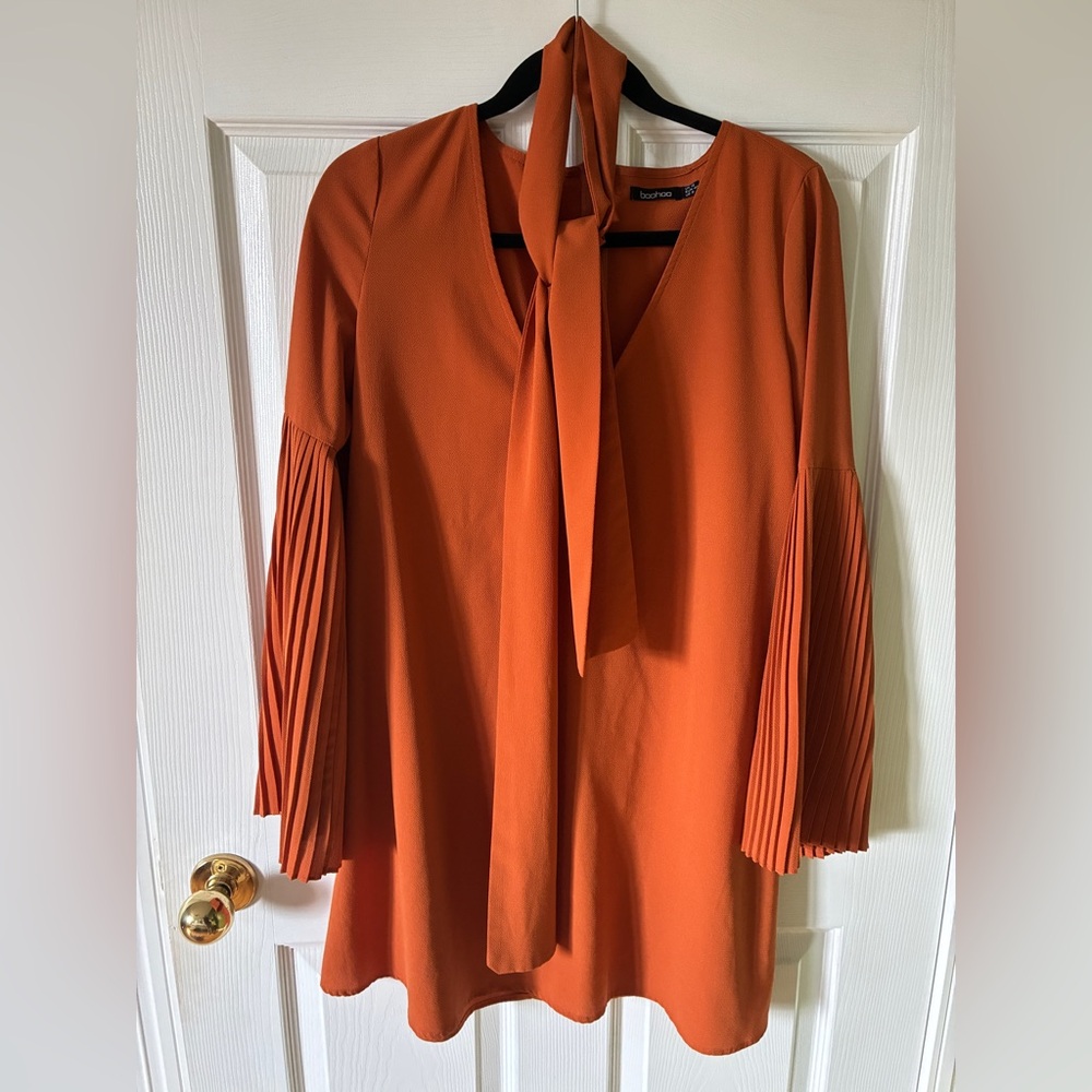 Boohoo Burnt Orange Mini Dress with Tie Neck